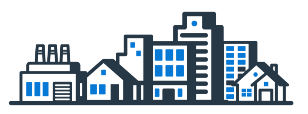 Illustrated city skyline featuring a mix of commercial and residential buildings, including a factory, houses, office towers, and apartment buildings, representing commercial property and liability coverage.