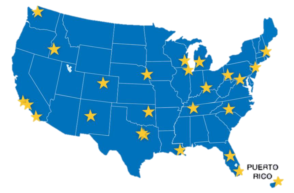 Map of the United States with gold stars marking HUB International office locations spread across the country, including Puerto Rico, showing the firm's national footprint.